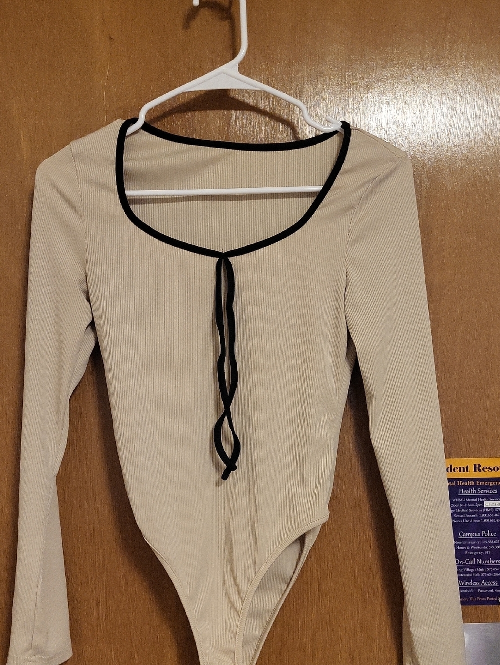 Beige Long-Sleeve Tie-Front Bodysuit - Women's Top